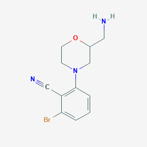 molecular formula C12H14BrN3O B6645901 2-[2-(Aminomethyl)morpholin-4-yl]-6-bromobenzonitrile 