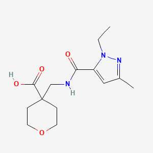 molecular formula C14H21N3O4 B6646850 4-[[(2-Ethyl-5-methylpyrazole-3-carbonyl)amino]methyl]oxane-4-carboxylic acid 
