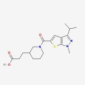 molecular formula C18H25N3O3S B6665152 3-[1-(1-Methyl-3-propan-2-ylthieno[2,3-c]pyrazole-5-carbonyl)piperidin-3-yl]propanoic acid 