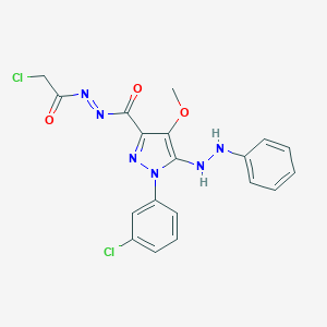 molecular formula C19H16Cl2N6O3 B067088 N-(2-chloroacetyl)imino-1-(3-chlorophenyl)-4-methoxy-5-(2-phenylhydrazinyl)pyrazole-3-carboxamide CAS No. 172701-65-4