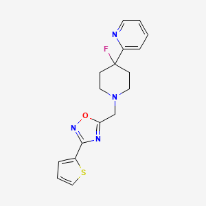 molecular formula C17H17FN4OS B6748491 5-[(4-Fluoro-4-pyridin-2-ylpiperidin-1-yl)methyl]-3-thiophen-2-yl-1,2,4-oxadiazole 