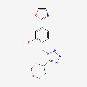 molecular formula C16H16FN5O2 B6748598 2-[3-Fluoro-4-[[5-(oxan-4-yl)tetrazol-1-yl]methyl]phenyl]-1,3-oxazole 