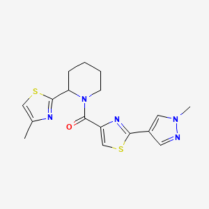 molecular formula C17H19N5OS2 B6751843 [2-(1-Methylpyrazol-4-yl)-1,3-thiazol-4-yl]-[2-(4-methyl-1,3-thiazol-2-yl)piperidin-1-yl]methanone 