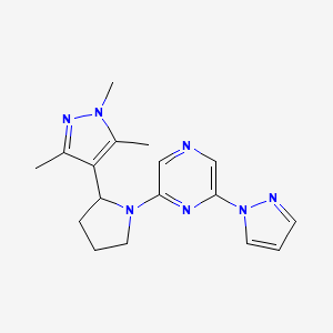 molecular formula C17H21N7 B6752266 2-Pyrazol-1-yl-6-[2-(1,3,5-trimethylpyrazol-4-yl)pyrrolidin-1-yl]pyrazine 