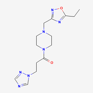 molecular formula C14H21N7O2 B6752414 1-[4-[(5-Ethyl-1,2,4-oxadiazol-3-yl)methyl]piperazin-1-yl]-3-(1,2,4-triazol-1-yl)propan-1-one 