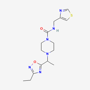 molecular formula C15H22N6O2S B6752603 4-[1-(3-ethyl-1,2,4-oxadiazol-5-yl)ethyl]-N-(1,3-thiazol-4-ylmethyl)piperazine-1-carboxamide 