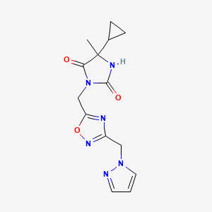 molecular formula C14H16N6O3 B6752754 5-Cyclopropyl-5-methyl-3-[[3-(pyrazol-1-ylmethyl)-1,2,4-oxadiazol-5-yl]methyl]imidazolidine-2,4-dione 