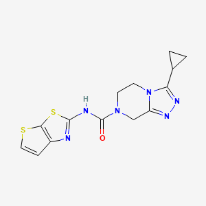 molecular formula C14H14N6OS2 B6752994 3-cyclopropyl-N-thieno[3,2-d][1,3]thiazol-2-yl-6,8-dihydro-5H-[1,2,4]triazolo[4,3-a]pyrazine-7-carboxamide 