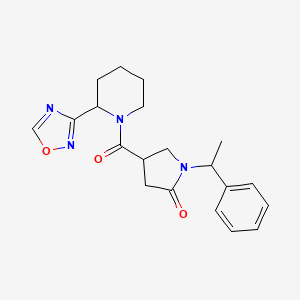 molecular formula C20H24N4O3 B6753226 4-[2-(1,2,4-Oxadiazol-3-yl)piperidine-1-carbonyl]-1-(1-phenylethyl)pyrrolidin-2-one 