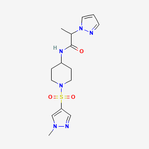 molecular formula C15H22N6O3S B6753530 N-[1-(1-methylpyrazol-4-yl)sulfonylpiperidin-4-yl]-2-pyrazol-1-ylpropanamide 