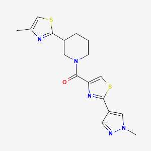 molecular formula C17H19N5OS2 B6753892 [2-(1-Methylpyrazol-4-yl)-1,3-thiazol-4-yl]-[3-(4-methyl-1,3-thiazol-2-yl)piperidin-1-yl]methanone 