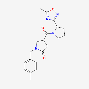 molecular formula C20H24N4O3 B6753898 4-[2-(5-Methyl-1,2,4-oxadiazol-3-yl)pyrrolidine-1-carbonyl]-1-[(4-methylphenyl)methyl]pyrrolidin-2-one 