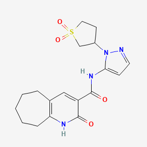 molecular formula C18H22N4O4S B6754242 N-[2-(1,1-dioxothiolan-3-yl)pyrazol-3-yl]-2-oxo-1,5,6,7,8,9-hexahydrocyclohepta[b]pyridine-3-carboxamide 