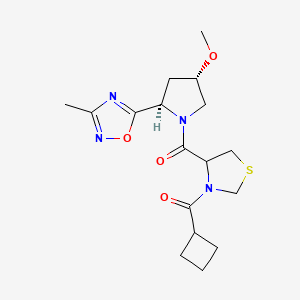 molecular formula C17H24N4O4S B6769956 cyclobutyl-[4-[(2R,4S)-4-methoxy-2-(3-methyl-1,2,4-oxadiazol-5-yl)pyrrolidine-1-carbonyl]-1,3-thiazolidin-3-yl]methanone 