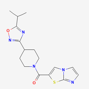 molecular formula C16H19N5O2S B6792939 Imidazo[2,1-b][1,3]thiazol-2-yl-[4-(5-propan-2-yl-1,2,4-oxadiazol-3-yl)piperidin-1-yl]methanone 