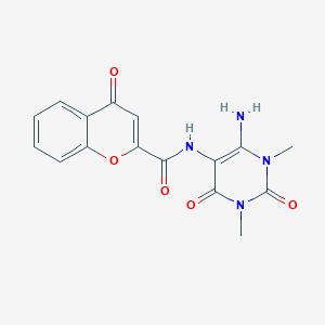 molecular formula C16H14N4O5 B068004 4H-1-Benzopyran-2-carboxamide,  N-(6-amino-1,2,3,4-tetrahydro-1,3-dimethyl-2,4-dioxo-5-pyrimidinyl)- CAS No. 166115-67-9