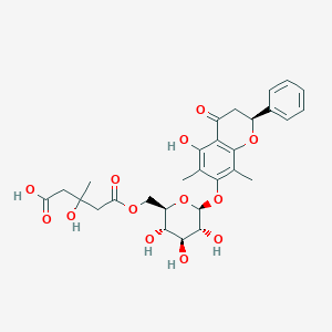 molecular formula C29H34O13 B068071 3-hydroxy-3-methyl-5-oxo-5-[[(2R,3S,4S,5R,6S)-3,4,5-trihydroxy-6-[[(2S)-5-hydroxy-6,8-dimethyl-4-oxo-2-phenyl-2,3-dihydrochromen-7-yl]oxy]oxan-2-yl]methoxy]pentanoic acid CAS No. 161161-69-9
