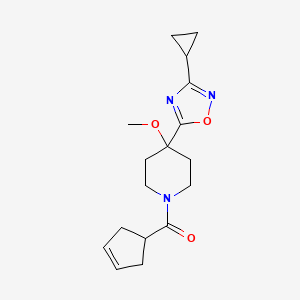 molecular formula C17H23N3O3 B6827962 Cyclopent-3-en-1-yl-[4-(3-cyclopropyl-1,2,4-oxadiazol-5-yl)-4-methoxypiperidin-1-yl]methanone 