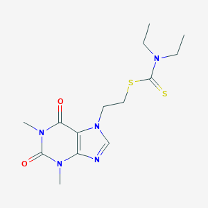 molecular formula C14H21N5O2S2 B068707 Carbamodithioic acid, diethyl-, 2-(1,2,3,6-tetrahydro-1,3-dimethyl-2,6-dioxo-7H-purin-7-yl)ethyl ester CAS No. 180301-43-3