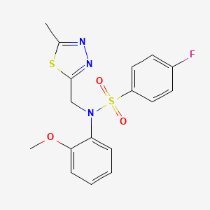 molecular formula C17H16FN3O3S2 B6963321 4-fluoro-N-(2-methoxyphenyl)-N-[(5-methyl-1,3,4-thiadiazol-2-yl)methyl]benzenesulfonamide 