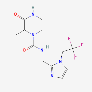 molecular formula C12H16F3N5O2 B6963387 2-methyl-3-oxo-N-[[1-(2,2,2-trifluoroethyl)imidazol-2-yl]methyl]piperazine-1-carboxamide 