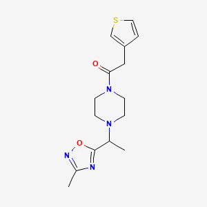 molecular formula C15H20N4O2S B6965526 1-[4-[1-(3-Methyl-1,2,4-oxadiazol-5-yl)ethyl]piperazin-1-yl]-2-thiophen-3-ylethanone 