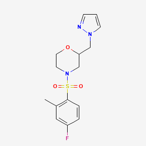 molecular formula C15H18FN3O3S B6965660 4-(4-Fluoro-2-methylphenyl)sulfonyl-2-(pyrazol-1-ylmethyl)morpholine 