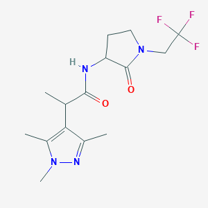 molecular formula C15H21F3N4O2 B6965901 N-[2-oxo-1-(2,2,2-trifluoroethyl)pyrrolidin-3-yl]-2-(1,3,5-trimethylpyrazol-4-yl)propanamide 