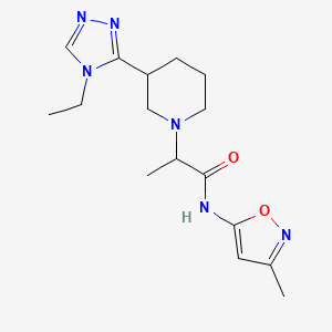 molecular formula C16H24N6O2 B6966801 2-[3-(4-ethyl-1,2,4-triazol-3-yl)piperidin-1-yl]-N-(3-methyl-1,2-oxazol-5-yl)propanamide 