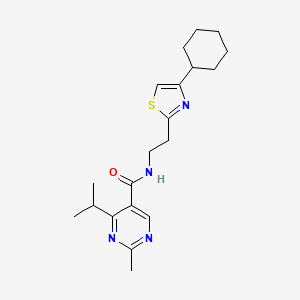 molecular formula C20H28N4OS B6967041 N-[2-(4-cyclohexyl-1,3-thiazol-2-yl)ethyl]-2-methyl-4-propan-2-ylpyrimidine-5-carboxamide 