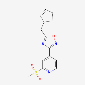 molecular formula C14H15N3O3S B6968941 5-(Cyclopent-2-en-1-ylmethyl)-3-(2-methylsulfonylpyridin-4-yl)-1,2,4-oxadiazole 