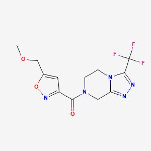 molecular formula C12H12F3N5O3 B6969617 [5-(methoxymethyl)-1,2-oxazol-3-yl]-[3-(trifluoromethyl)-6,8-dihydro-5H-[1,2,4]triazolo[4,3-a]pyrazin-7-yl]methanone 