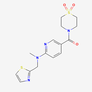 molecular formula C15H18N4O3S2 B6970164 (1,1-Dioxo-1,4-thiazinan-4-yl)-[6-[methyl(1,3-thiazol-2-ylmethyl)amino]pyridin-3-yl]methanone 