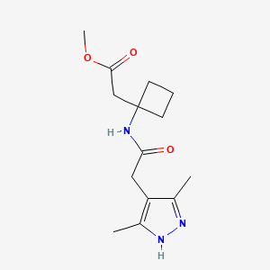 molecular formula C14H21N3O3 B6970297 methyl 2-[1-[[2-(3,5-dimethyl-1H-pyrazol-4-yl)acetyl]amino]cyclobutyl]acetate 