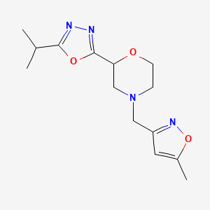 molecular formula C14H20N4O3 B6970626 4-[(5-Methyl-1,2-oxazol-3-yl)methyl]-2-(5-propan-2-yl-1,3,4-oxadiazol-2-yl)morpholine 