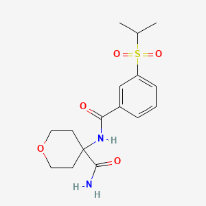 molecular formula C16H22N2O5S B6970818 4-[(3-Propan-2-ylsulfonylbenzoyl)amino]oxane-4-carboxamide 