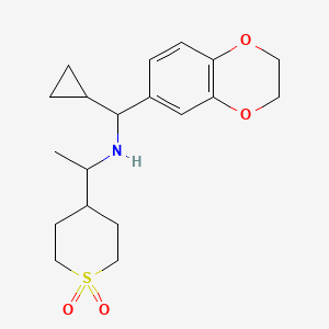 molecular formula C19H27NO4S B6971195 N-[cyclopropyl(2,3-dihydro-1,4-benzodioxin-6-yl)methyl]-1-(1,1-dioxothian-4-yl)ethanamine 