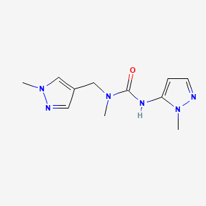 molecular formula C11H16N6O B6972036 1-Methyl-3-(2-methylpyrazol-3-yl)-1-[(1-methylpyrazol-4-yl)methyl]urea 