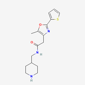 molecular formula C16H21N3O2S B6972989 2-(5-methyl-2-thiophen-2-yl-1,3-oxazol-4-yl)-N-(piperidin-4-ylmethyl)acetamide 