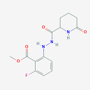 molecular formula C14H16FN3O4 B6977061 Methyl 2-fluoro-6-[2-(6-oxopiperidine-2-carbonyl)hydrazinyl]benzoate 