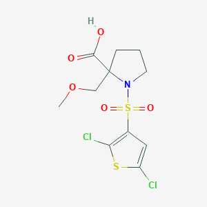 molecular formula C11H13Cl2NO5S2 B6977787 1-(2,5-Dichlorothiophen-3-yl)sulfonyl-2-(methoxymethyl)pyrrolidine-2-carboxylic acid 