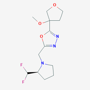 molecular formula C13H19F2N3O3 B6977820 2-[[(2S)-2-(difluoromethyl)pyrrolidin-1-yl]methyl]-5-(3-methoxyoxolan-3-yl)-1,3,4-oxadiazole 