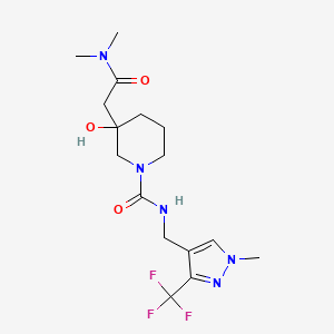 molecular formula C16H24F3N5O3 B6978101 3-[2-(dimethylamino)-2-oxoethyl]-3-hydroxy-N-[[1-methyl-3-(trifluoromethyl)pyrazol-4-yl]methyl]piperidine-1-carboxamide 