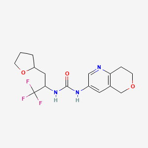 molecular formula C16H20F3N3O3 B6980020 1-(7,8-dihydro-5H-pyrano[4,3-b]pyridin-3-yl)-3-[1,1,1-trifluoro-3-(oxolan-2-yl)propan-2-yl]urea 