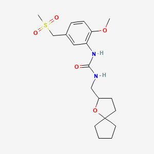 molecular formula C19H28N2O5S B6980168 1-[2-Methoxy-5-(methylsulfonylmethyl)phenyl]-3-(1-oxaspiro[4.4]nonan-2-ylmethyl)urea 