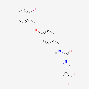 molecular formula C20H19F3N2O2 B6980688 2,2-difluoro-N-[[4-[(2-fluorophenyl)methoxy]phenyl]methyl]-5-azaspiro[2.3]hexane-5-carboxamide 