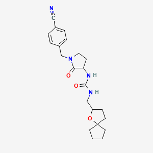 molecular formula C22H28N4O3 B6980727 1-[1-[(4-Cyanophenyl)methyl]-2-oxopyrrolidin-3-yl]-3-(1-oxaspiro[4.4]nonan-2-ylmethyl)urea 