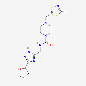 molecular formula C17H25N7O2S B6981122 4-[(2-methyl-1,3-thiazol-5-yl)methyl]-N-[[3-(oxolan-2-yl)-1H-1,2,4-triazol-5-yl]methyl]piperazine-1-carboxamide 