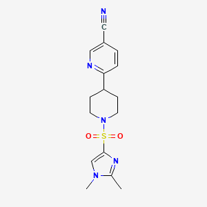 molecular formula C16H19N5O2S B6983092 6-[1-(1,2-Dimethylimidazol-4-yl)sulfonylpiperidin-4-yl]pyridine-3-carbonitrile 