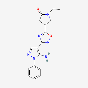 molecular formula C17H18N6O2 B6983396 4-[3-(5-Amino-1-phenylpyrazol-4-yl)-1,2,4-oxadiazol-5-yl]-1-ethylpyrrolidin-2-one 